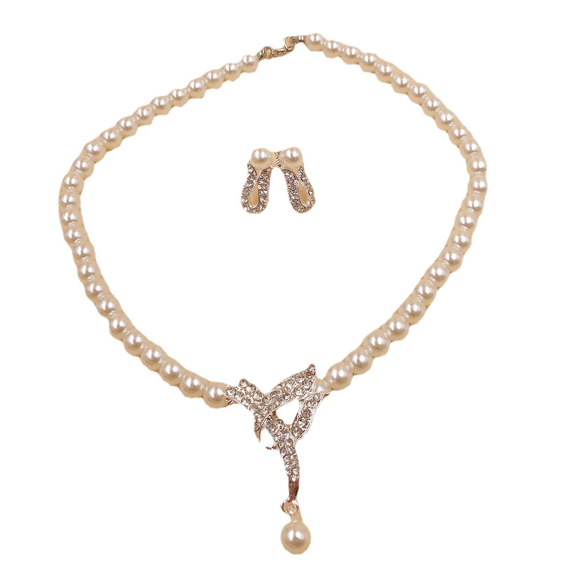 A 2-piece set of French retro alloy pearl flower bride necklace, ear clip style earrings, chain and wedding accessories for women Item Picture