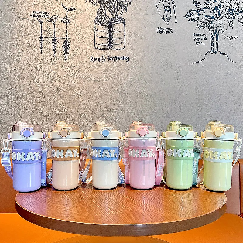 Simple insulated cup, student high appearance level, slanted double-drinking straw cup, portable ins fashion gift, stainless steel water cup details Picture