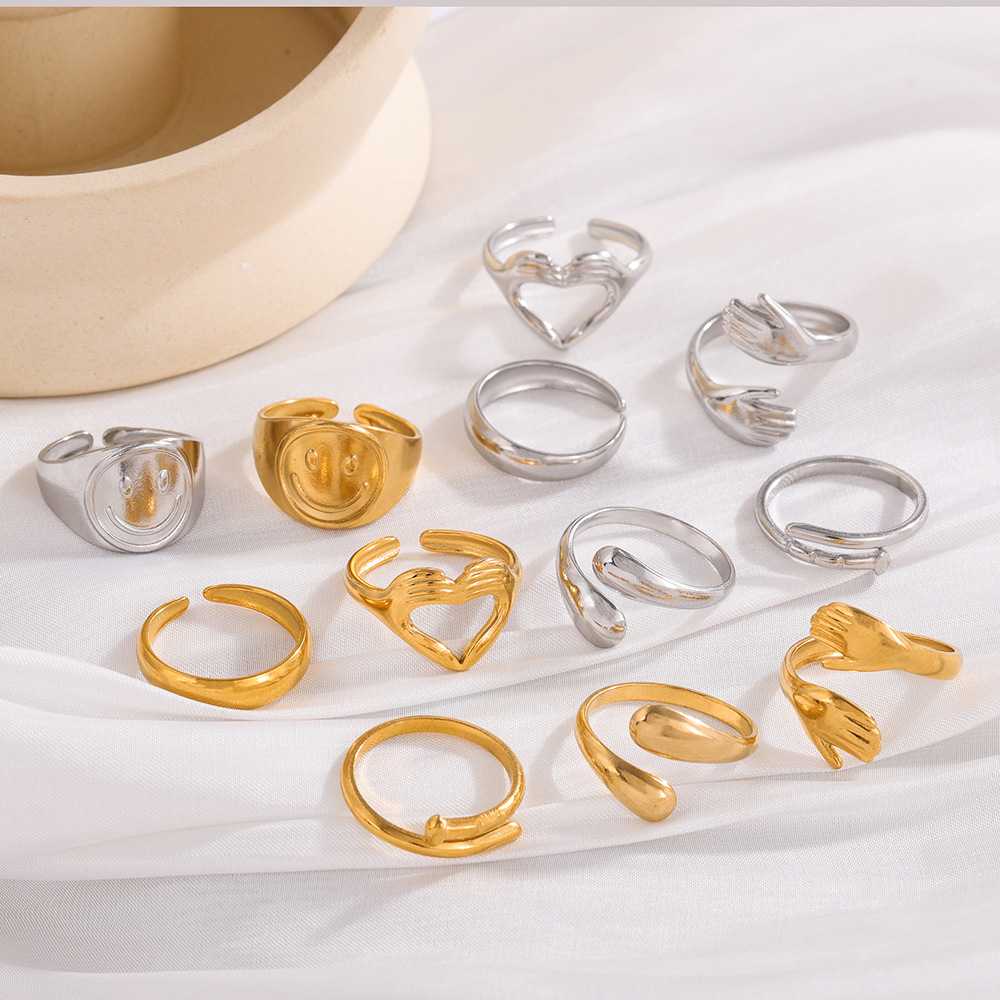 Wholesale of cross-border European and American InS-style open titanium steel rings that do not fade, fashionable heart-shaped smiling face stainless steel rings for women details Picture