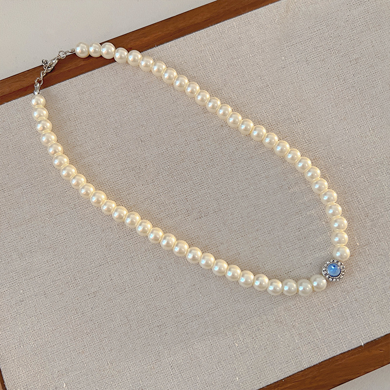 French retro style S925 pure silver aquamarine pendant necklace, women's fashionable light luxury natural freshwater pearl collarbone chain details Picture