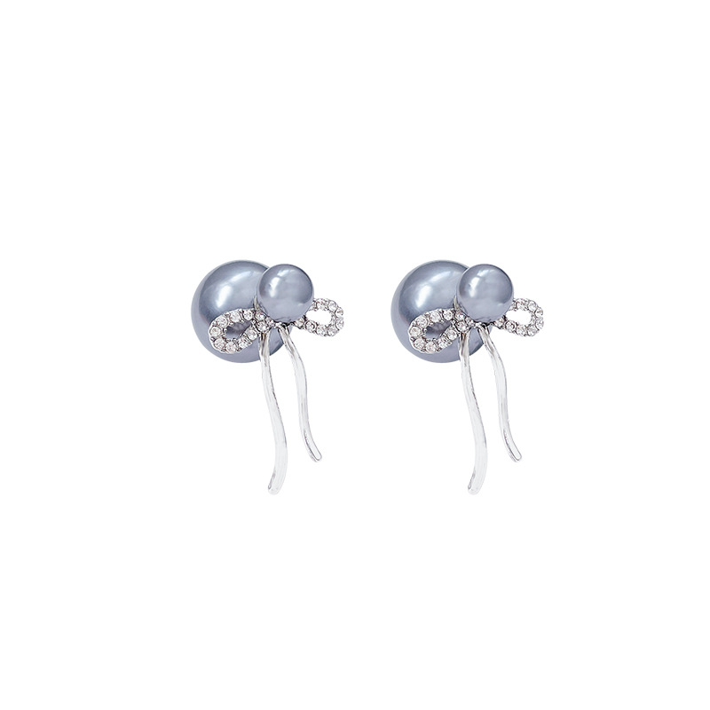 Cold grey pearl bow earrings for women, exquisite and high-end look, diamond-encrusted stud earrings, retro Hong Kong-style earrings wholesale Item Picture