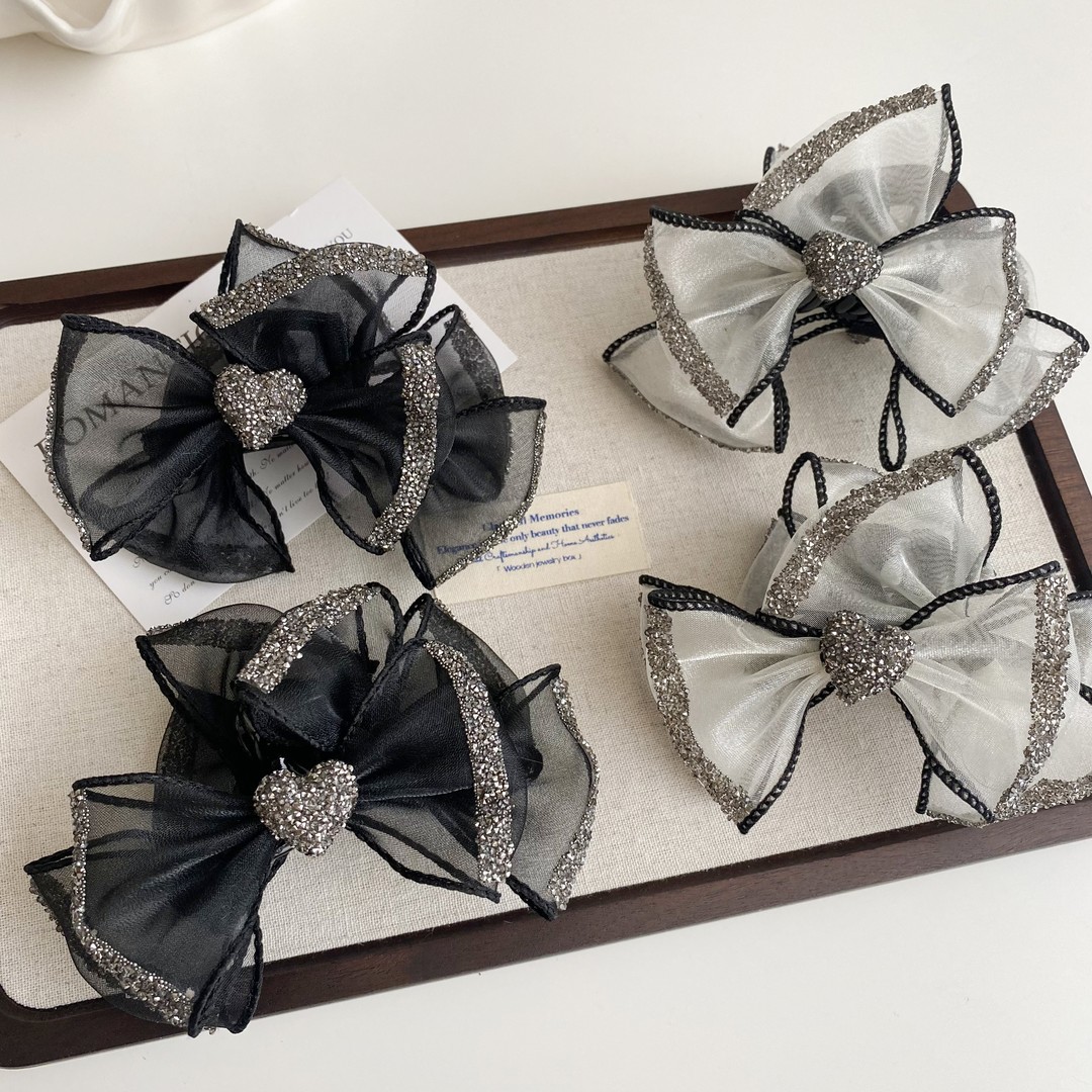 Diamond-encruted mesh bow braid grab clip for women 2024 new high-end style updo hair clip, semi-tied shark hair clip full figure