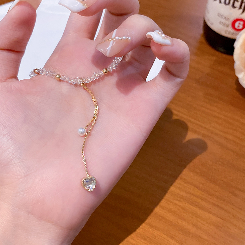 French high-end crystal heart-shaped pearl pendant necklace, women's InS-style fashionable and simple collarbone chain necklace wholesale details Picture