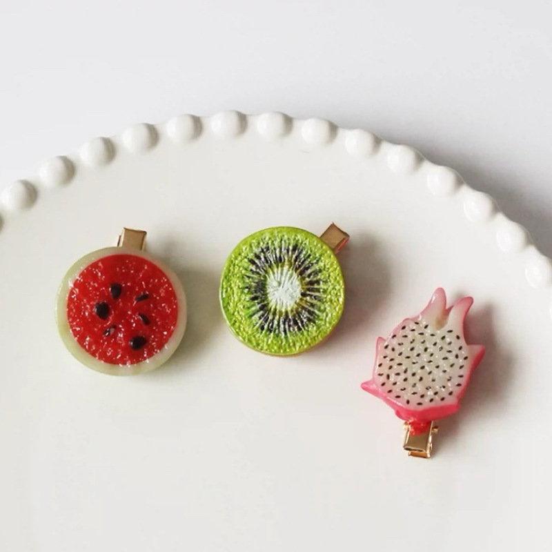 Creative simulation fruit slices: watermelon, pitaya, peach, kiwi. Cute and funny photos with fruit hairpins on the sides details Picture