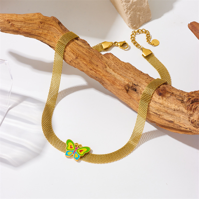 European and American fashion, creative, simple oil-drip painted butterfly accessories, mesh chain jewelry necklace Specification drawing