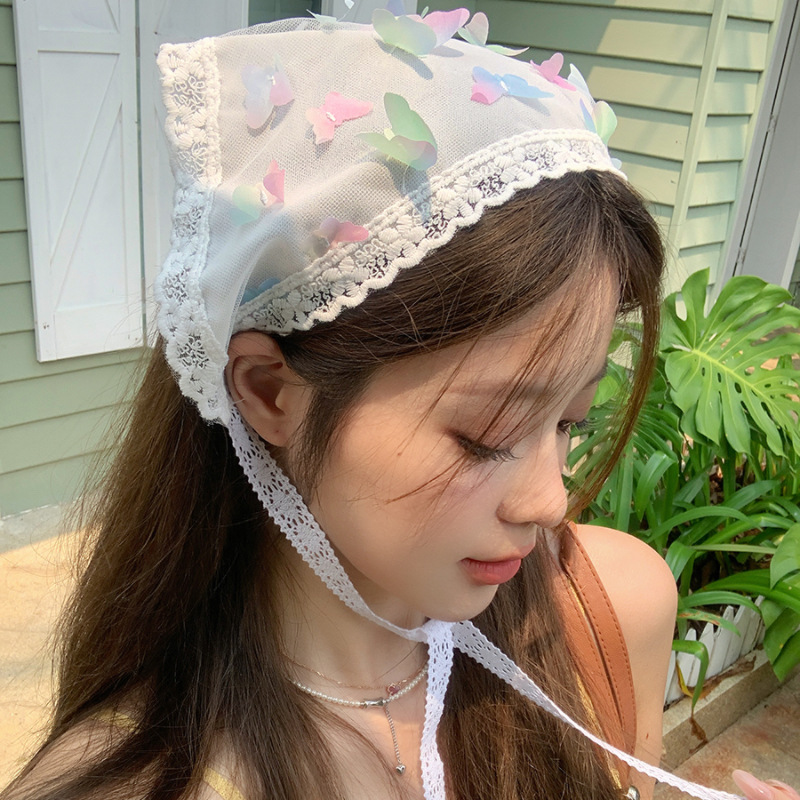 Instagram sweet chiffon, colorful butterfly, triangular headscarf, female seaside vacation, Internet celebrity photo, rural style, tied hair band Application Scenario