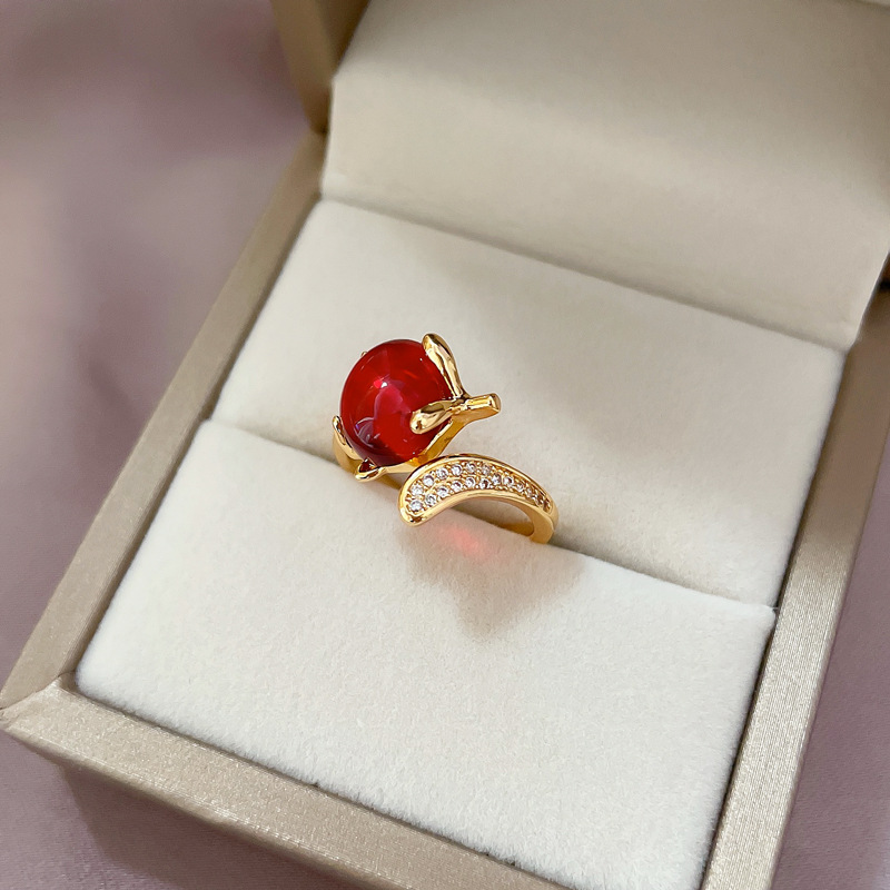 【 Real Gold 】 Douyin Live streaming version copper slightly inlaid zircon temperament red fox ring for women, adjustable opening ring for women Specification drawing