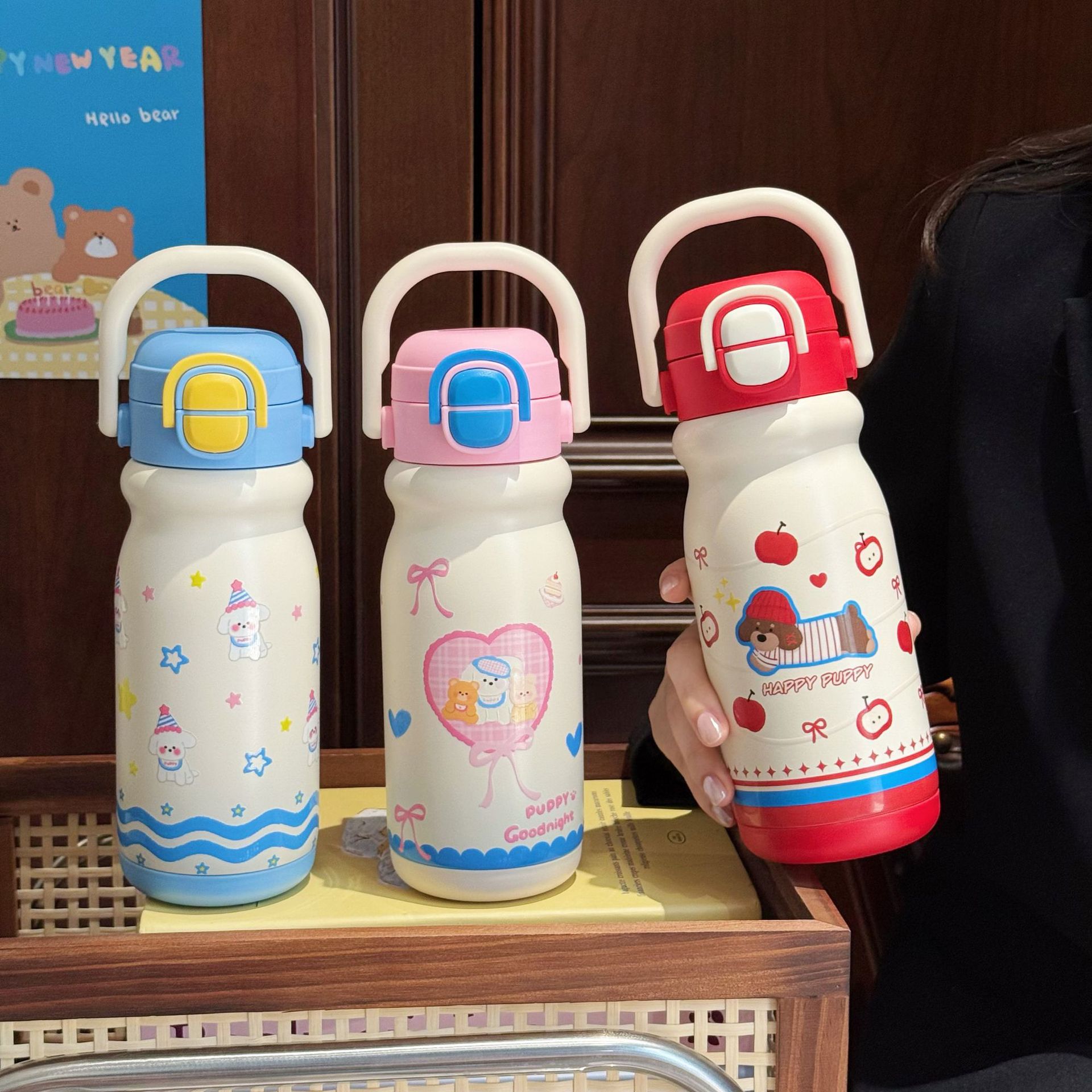 Dopamine high appearance level insulated cup cartoon stainless steel water cup Cute student large capacity double-drinking straw cup full figure