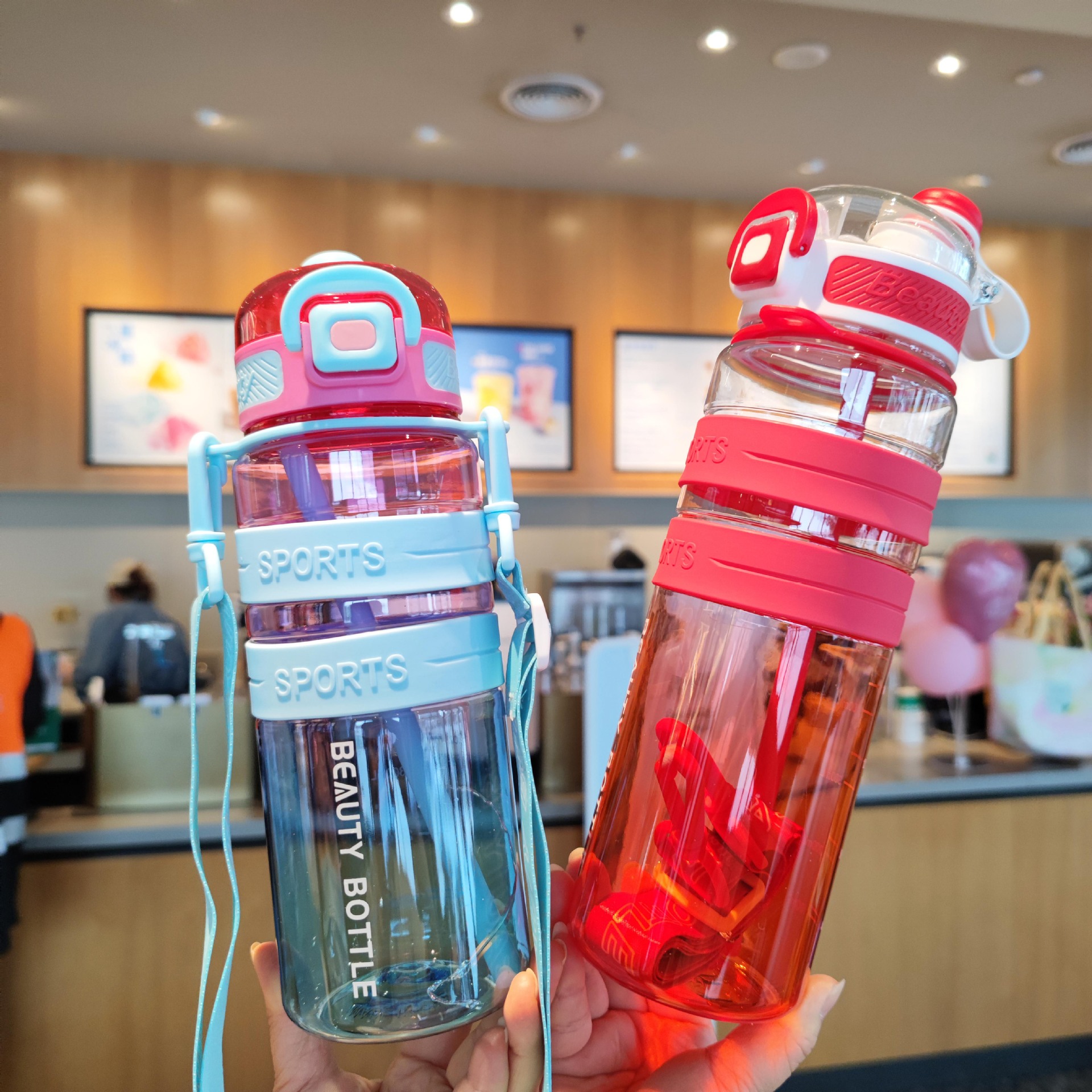 New outdoor sports and fitness double water bottle, colorful summer portable backpack plastic water cup, student reading water bottle Specification drawing