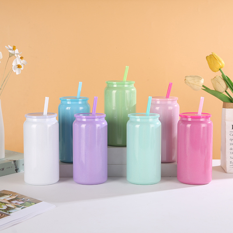 Cross-border 304 insulated cup 16OZ high appearance level Mason can straw water cup, simple heat and cold preservation, colorful aluminum can details Picture