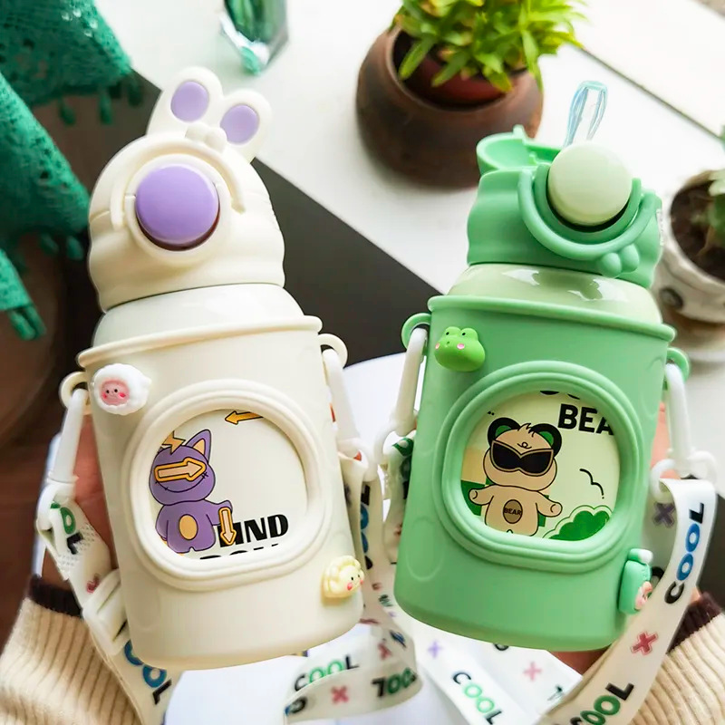 Cute rabbit insulated cup, children's cute girls' straw cup, crossbody high appearance level cartoon baby stainless steel cup full figure
