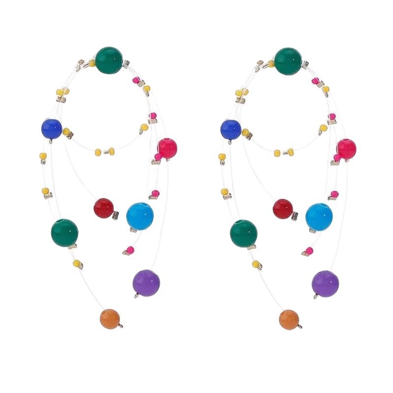 Dopamine colored sugar bean beaded tassel earrings, sweet and elegant, versatile, exaggerated stud earrings, light luxury, internet-famous earrings for women Item Picture