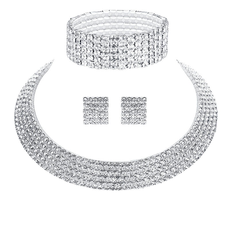 European and American classic fashion five-row necklace, necklace, bracelet and stud earrings bridal three-piece set 5427 Item Picture