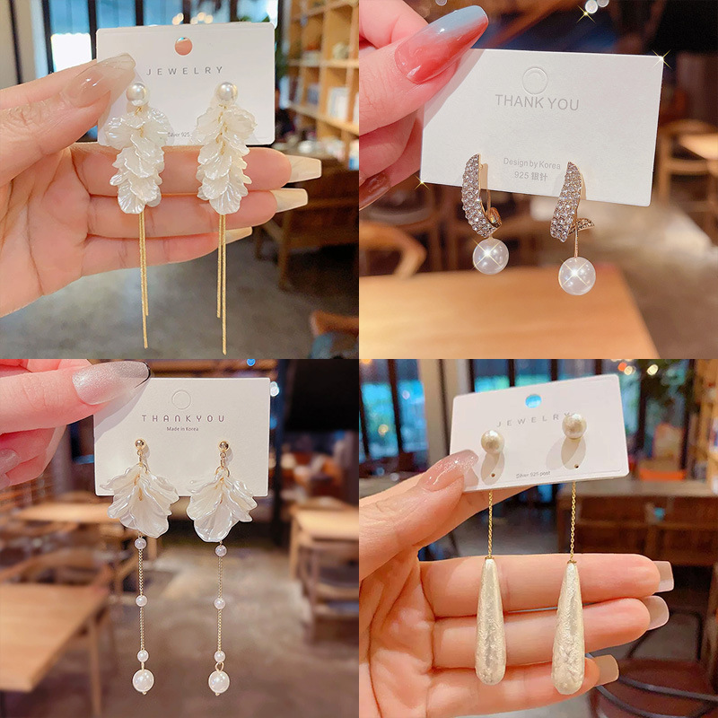 Silver needle diamond-encrusted pearl petal tassel stud earrings, fashionable, versatile and high-end earrings, niche commuter earrings wholesale for women Specification drawing