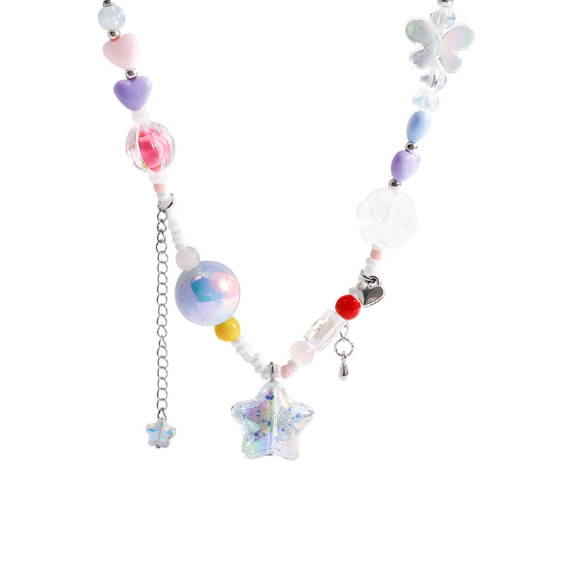 The Blue Star colorful candy beaded necklace is a niche design for women, a popular dopamine-sweet cool style collarbone chain Item Picture