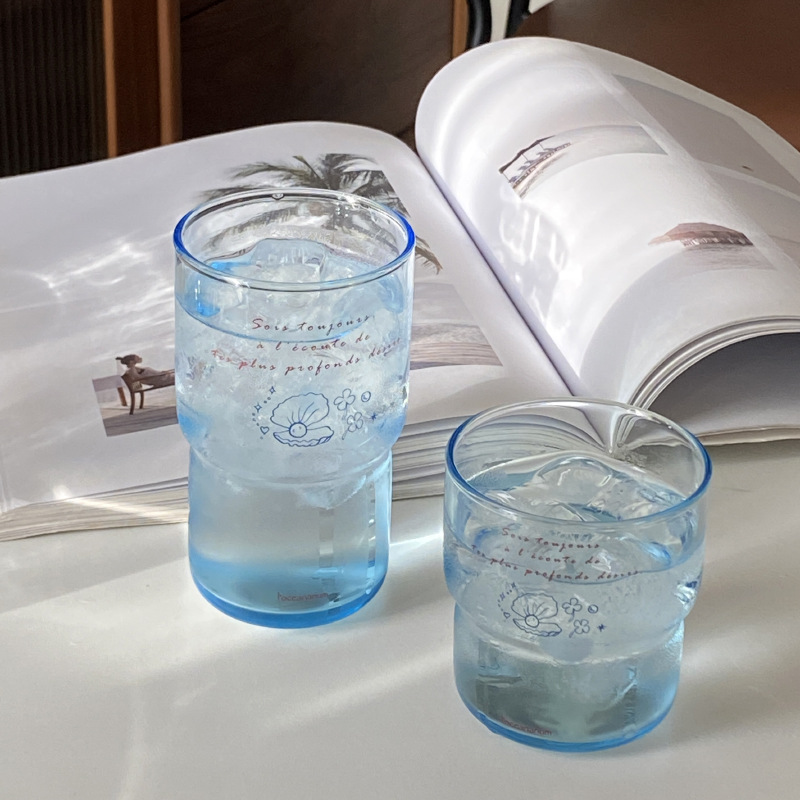 Niche original high-temperature resistant ice blue glass coffee cup, ins design sense, shell French romantic water cup texture full figure