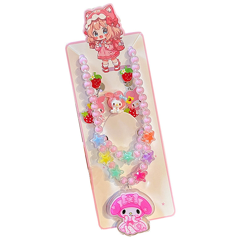 Children's cartoon Sanrio glowing necklace, cute Kuromi beaded bracelet, princess ring, ear clip jewelry set Item Picture
