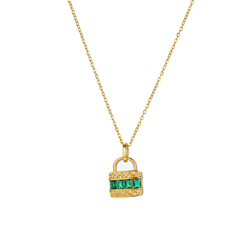 New emerald bag necklace from Japan and South Korea, exquisite zircon full diamond pendant for women, trendy style, light luxury and versatile collarbone chain Item Picture