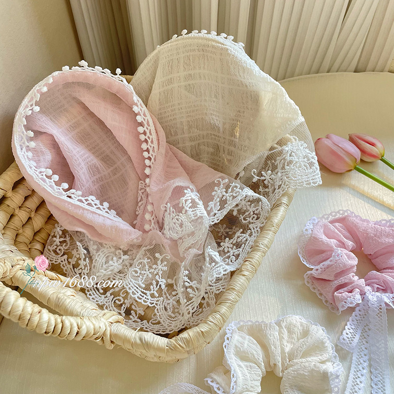 French lace triangular scarf, tulle headband, retro decorative headscarf, women's summer outing with pastoral style hair accessories Specification drawing