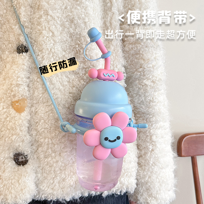 2025 Sunflower Water Cup for Girls, Summer large-capacity Straw cup, High appearance level, Cute Cartoon, slanted cross plastic cup Specification drawing
