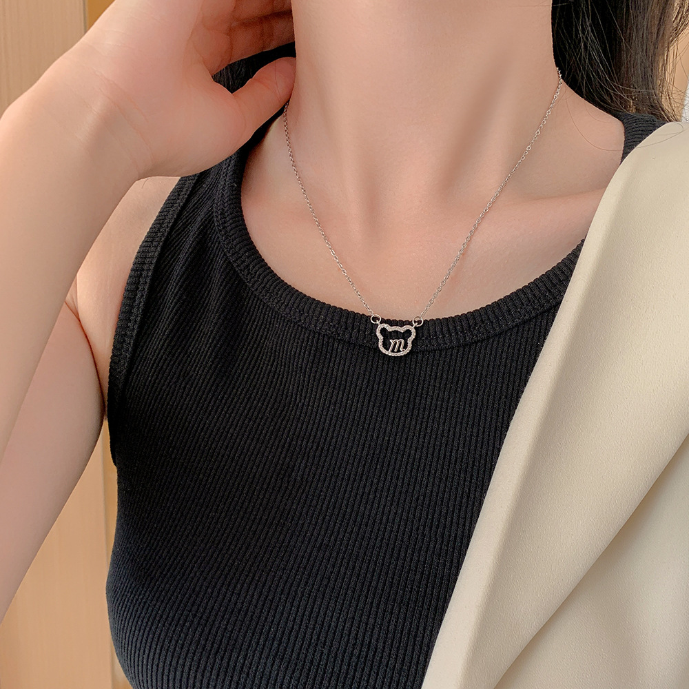 Korean-style, fresh and sweet M bear necklace for women, simple, niche and versatile collarbone chain, titanium steel fashionable forest-themed accessory details Picture