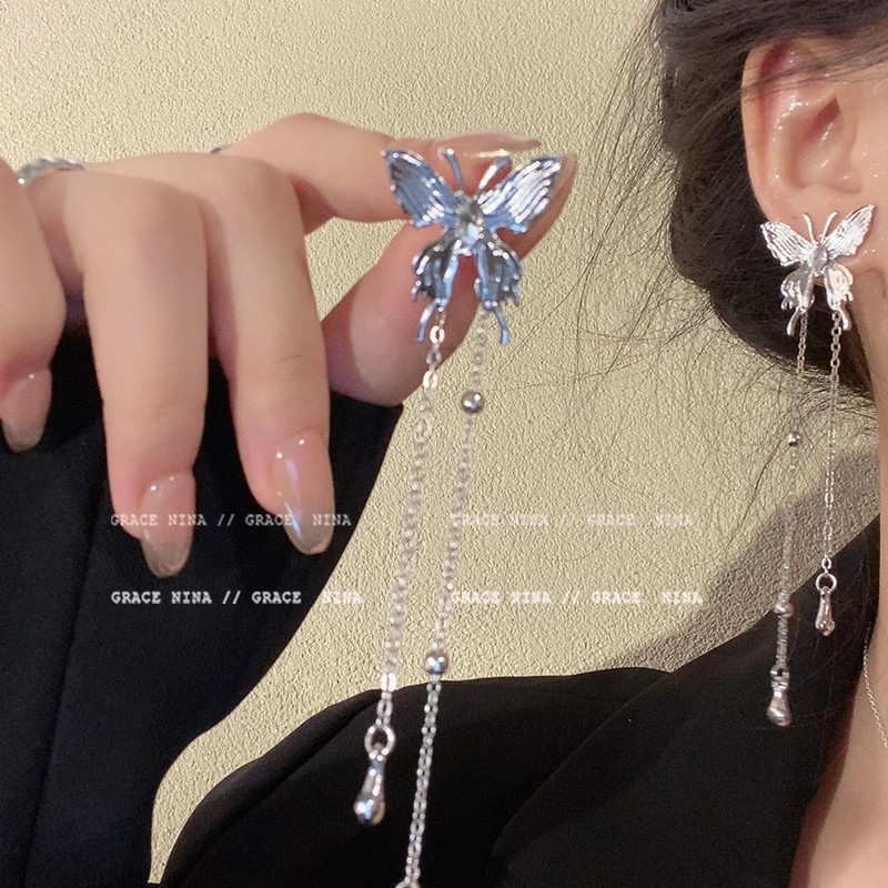 Butterfly Dream Liquid butterfly tassel Earrings, a niche design with a sense of sophistication, fairy stud earrings, and super fairy earrings for women details Picture