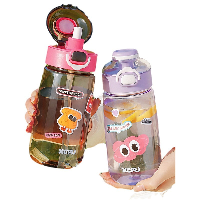Cartoon cute plastic cup, new spring and summer water cup for students, outdoor portable straw, direct drinking dual-purpose cup Item Picture