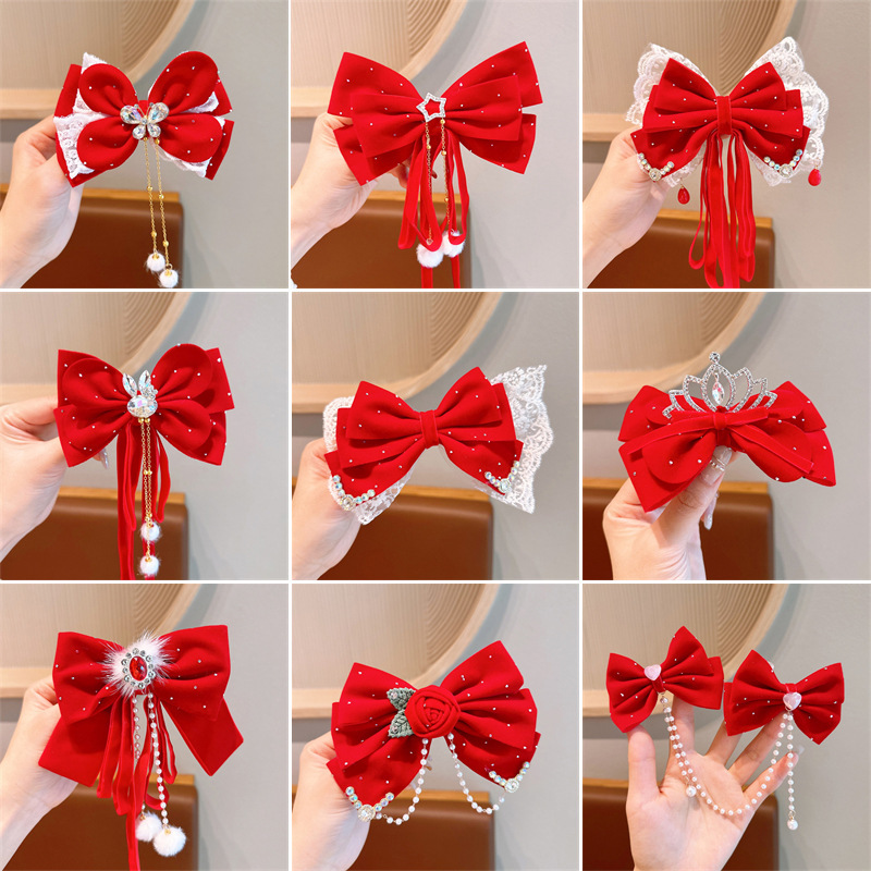 Children's New Year headwear, festive ribbons, back-pressing hair clips, Chinese-style Hanfu hair accessories, girls' New Year ancient-style hair clips full figure