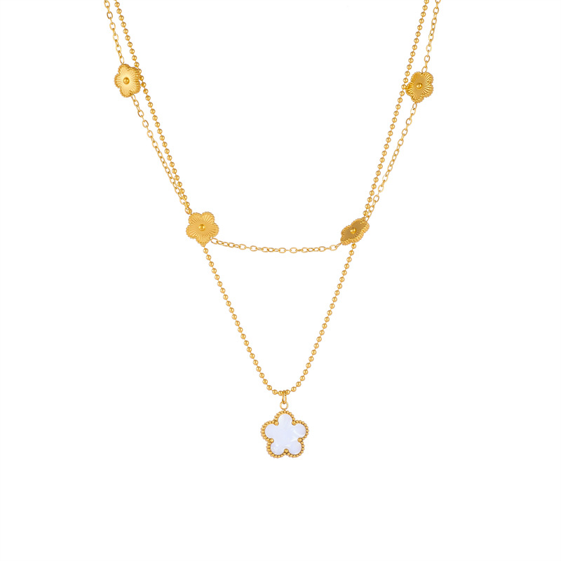 A fashionable and retro style, simple gold-plated flower double-layer chain stainless steel jewelry necklace Item Picture
