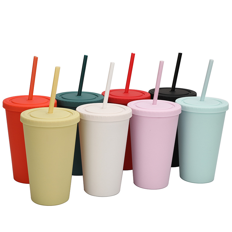 Factory direct supply of double-layer matte touch plastic straw cups with matte heat transfer patterns in stock Specification drawing
