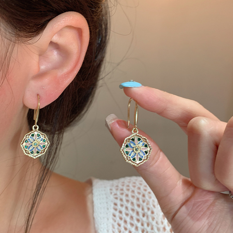 Monet Garden French retro glazed flower ear hook women's high-end earrings, elegant and atmospheric earrings and earrings Specification drawing