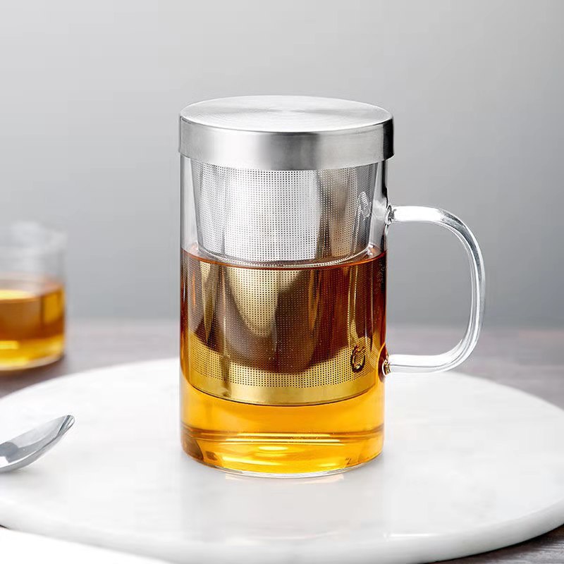Thickened filter screen high borosilicate glass water cup, tea-water separation tea cup with handle, office tea cup Specification drawing
