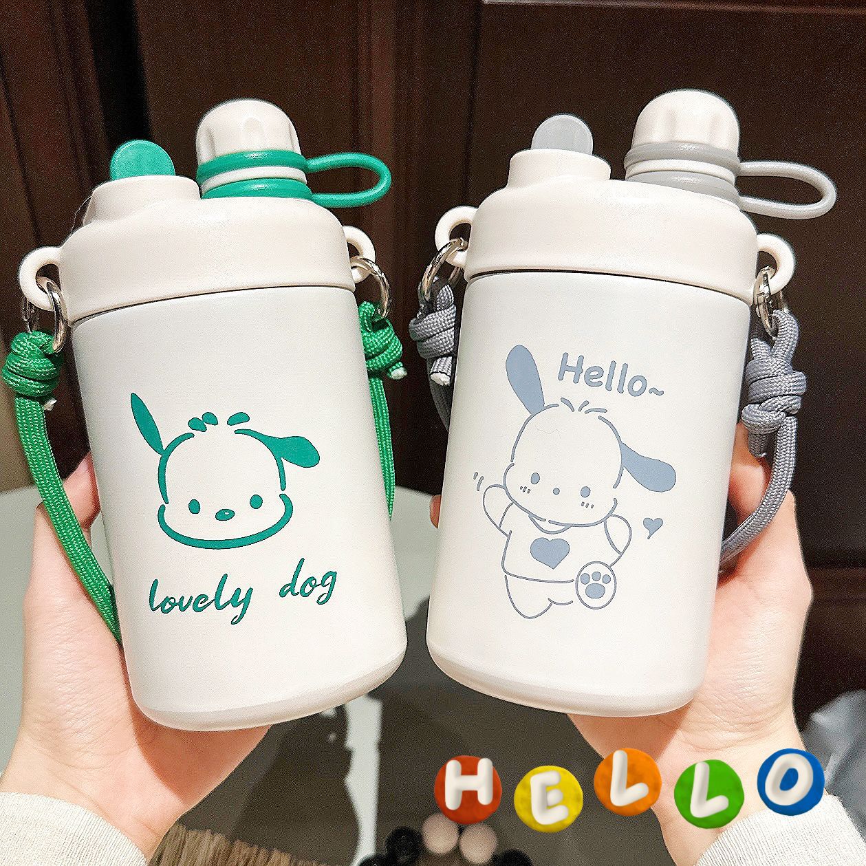 Simple cartoon insulated cup, creative and cute student double-drinking straw cup, portable hand-held stainless steel cup for girls full figure