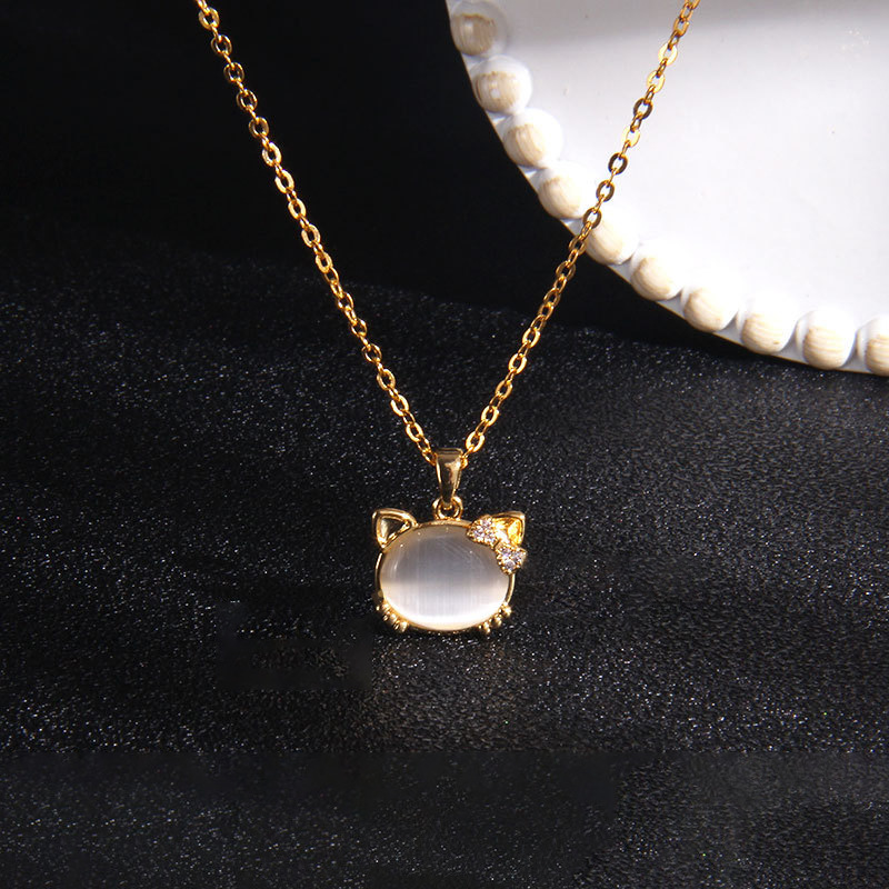 Cat's eye stone bow cat necklace, women's micro-inlaid zircon, simple and versatile collarbone chain, a trendy and elegant light luxury accessory full figure