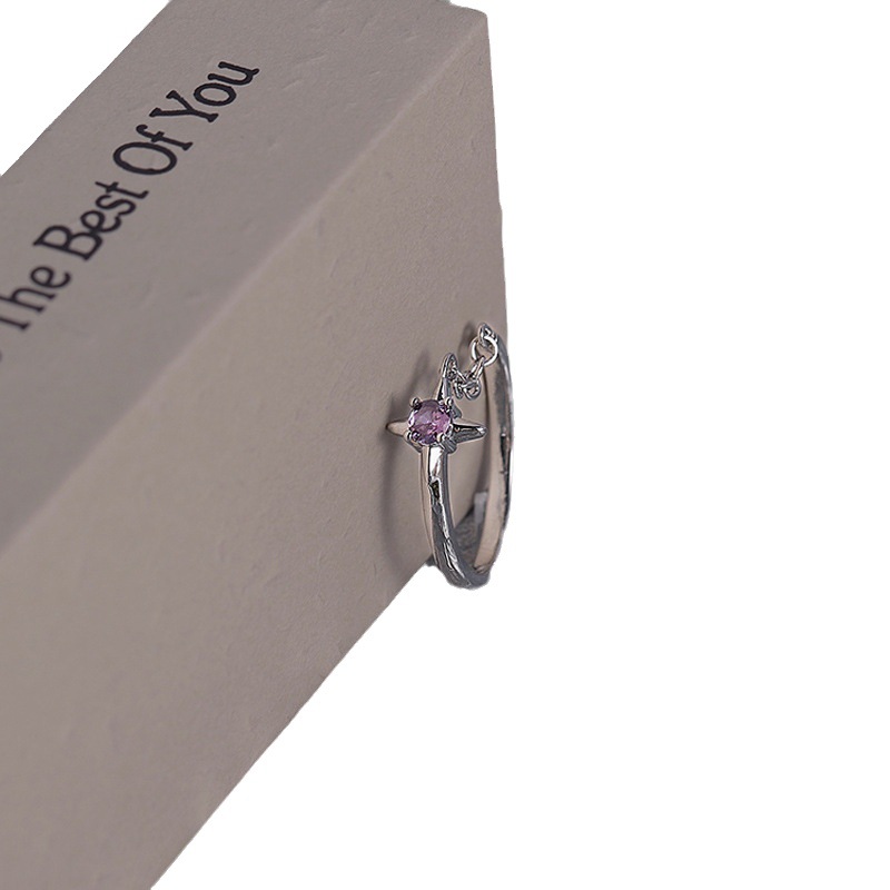 Purple zircon four-pointed star chain ring, a unique and high-end design for women, fashionable and individual index finger ring and tail ring Item Picture