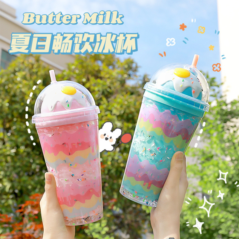 Summer crushed ice cup, double-layer plastic cute egg creative cup, portable office and home use, Korean version popular straw cup full figure