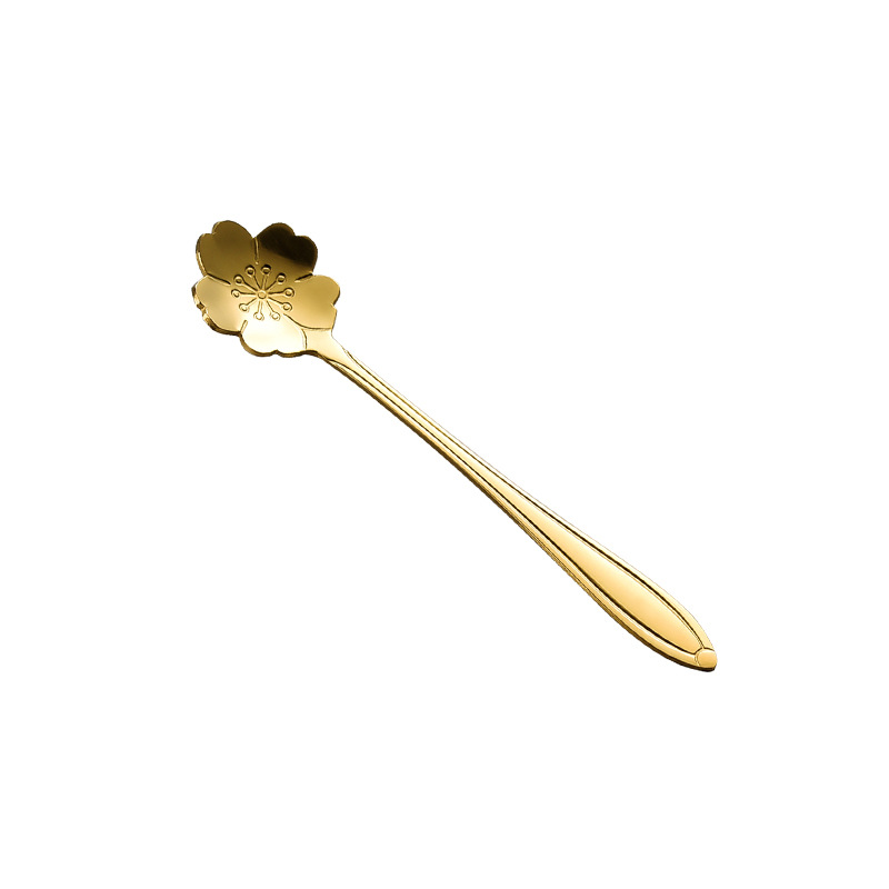 Wholesale of golden stainless steel cherry blossom coffee spoons, ice spoons, mixing spoons, glass cups, household water cups and exquisite spoons Item Picture