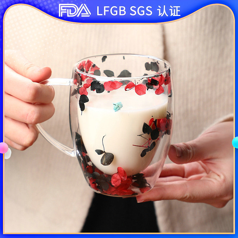 New popular petal flower-shaped glass cup, high appearance level, high-temperature resistant dried flower real flower double-layer creative high borosilicate glass cup full figure