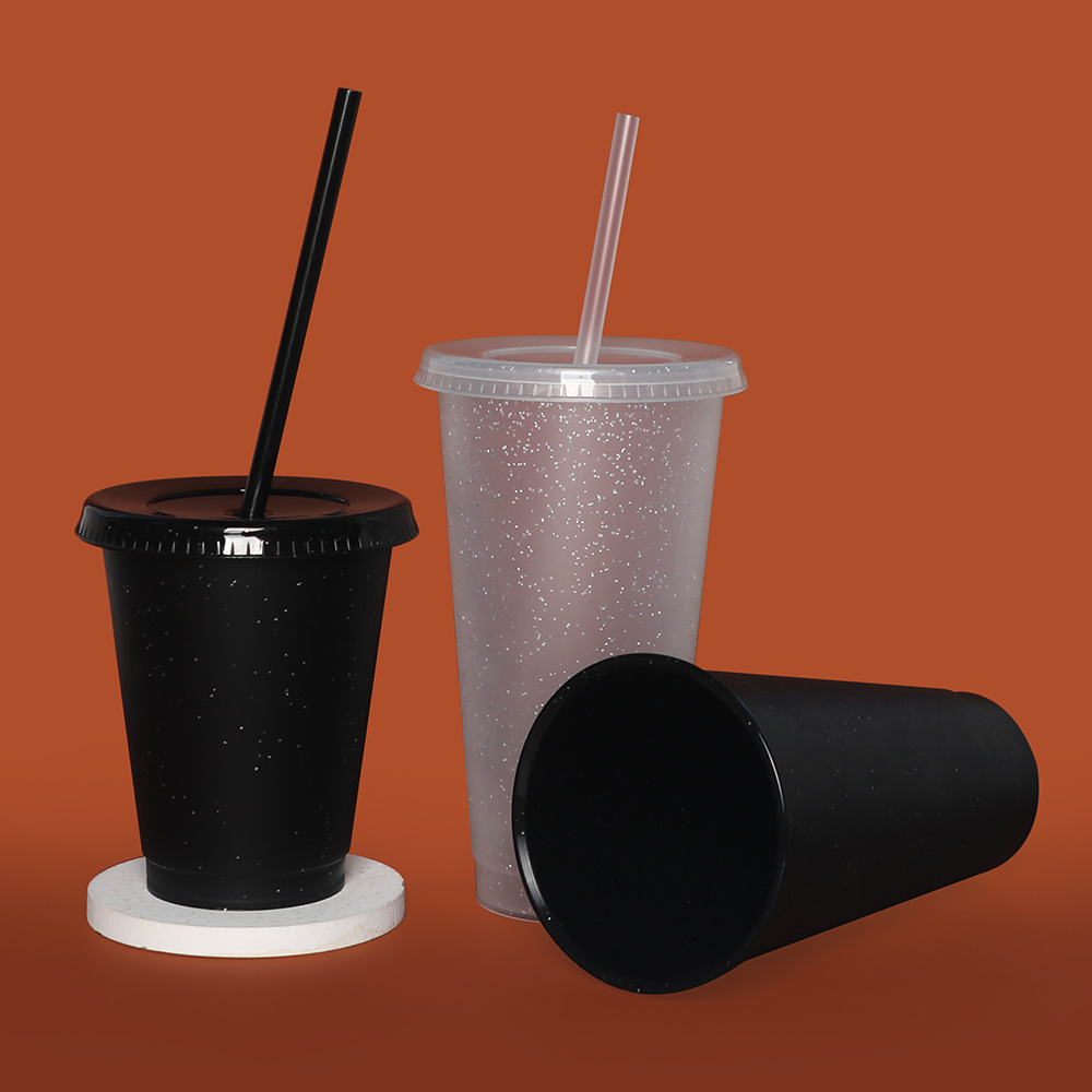 Factory direct supply of 710ml creative glitter straw cups in multiple specifications, single-layer PP solid color glitter coffee plastic cups Specification drawing