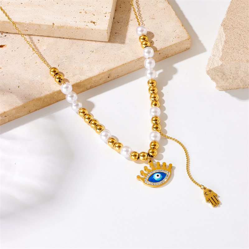 European and American fashion, niche and retro two-color beaded chain, tassel, eye palm pendant necklace Specification drawing