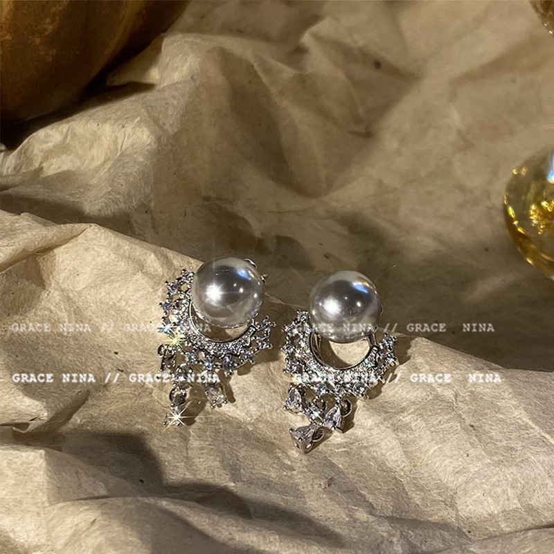 Super ethereal and exquisite zircon pearl earrings, versatile for women's charm, French tassel stud earrings, high-end women's earrings wholesale details Picture