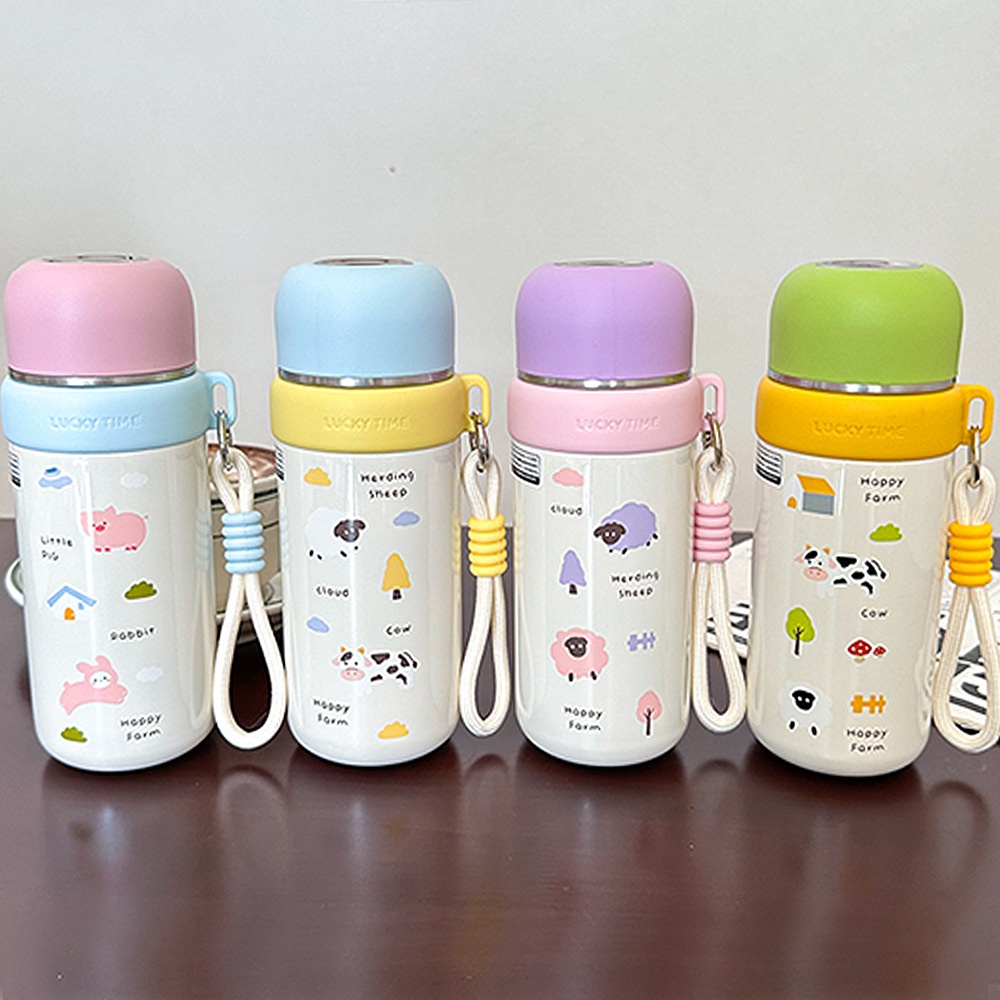 A dual-purpose cartoon insulated cup with a lid, cute for girls, a drawstring water cup, portable for students, and a stainless steel cup with a high level of appearance details Picture
