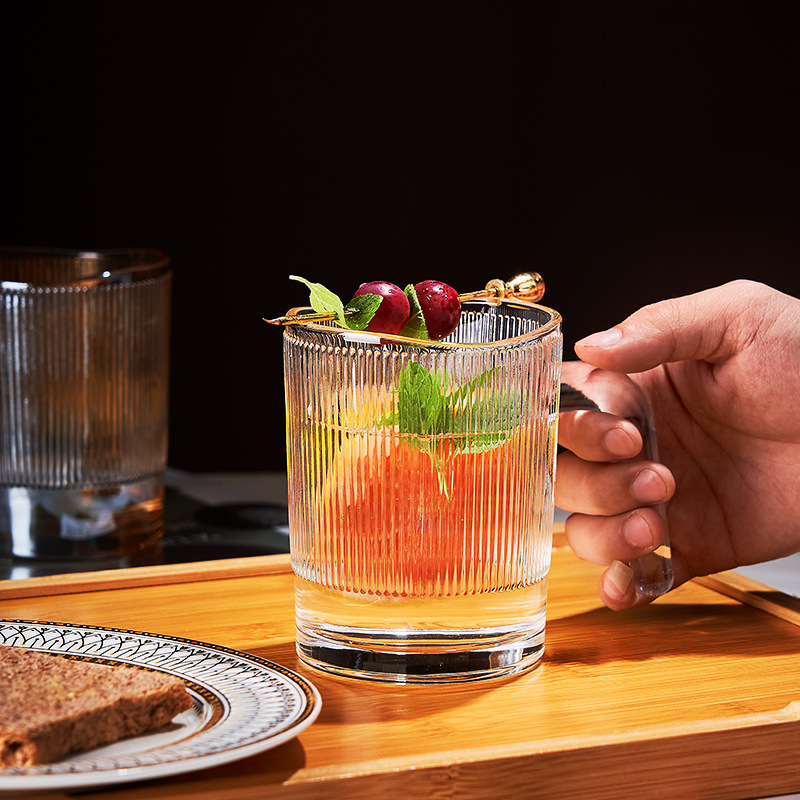 Simple lip-lip line vertical stripe glass handle cup, household water cup, juice coffee cup, milk cup, beverage beer mug details Picture
