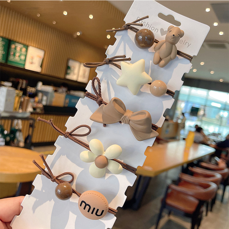 Milk coffee style 5-piece bear hair tie 2022 leather band women's hair tie appearance level hair band Bow hair tie hair band Application Scenario