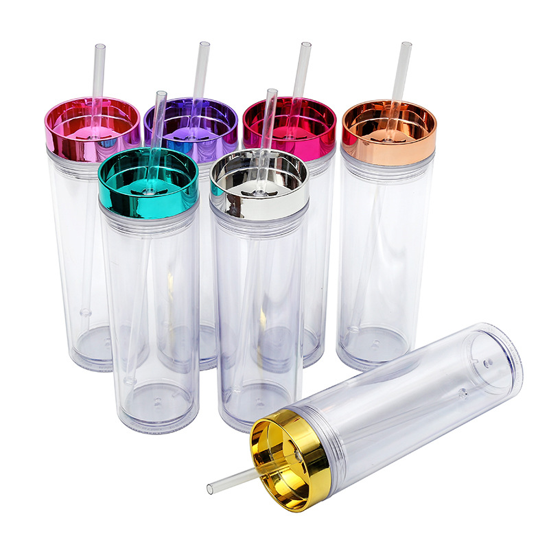 The manufacturer's new modern cross-border transparent double-layer plastic cup is a simple and portable 16OZ straight cup with electroplating details Picture
