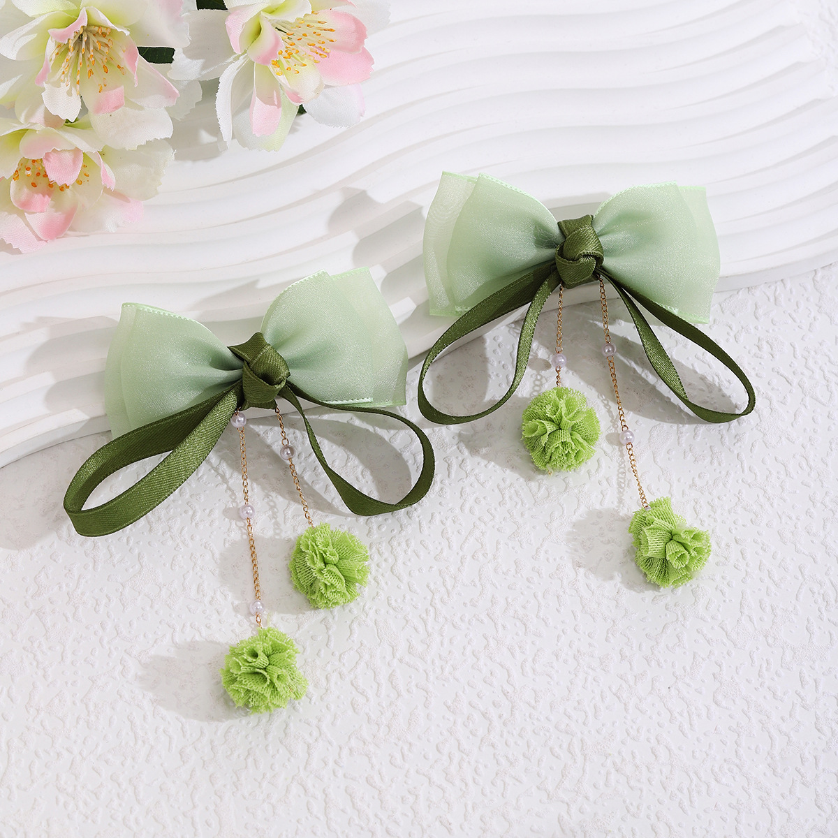 Super fairy children's pearl pendant hairpin, high appearance level bow ribbon, little girl hairpin, jelly gauze princess headwear Specification drawing