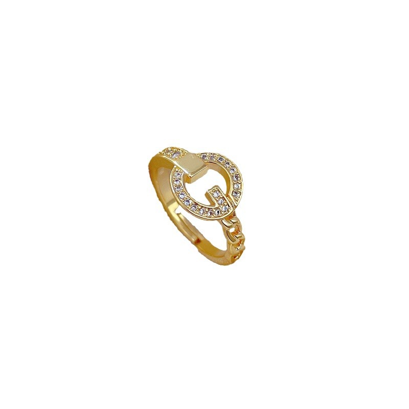 【 Real Gold 】 Chain G-shaped full diamond ring with adjustable opening, simple Japanese-style bracelet, couple rings Item Picture