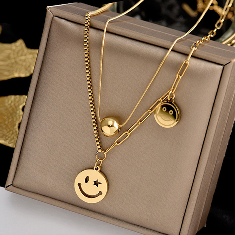 Korean version simple and individual double-layer overlapping round ball beaded expression round pendant titanium steel asymmetrical chain necklace full figure