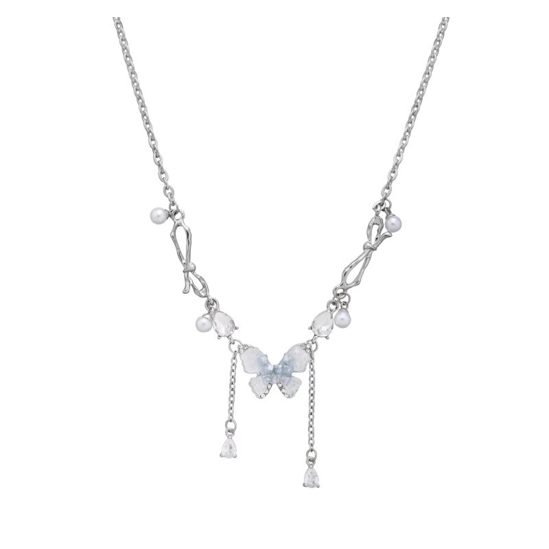 Blue gradient crystal butterfly necklace, women's ins sweet and cool spice girl style collarbone chain, high-end pearl necklace accessory Item Picture