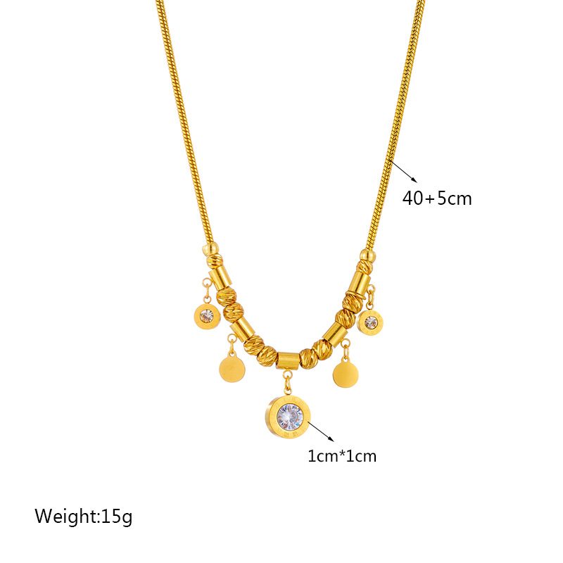 A stylish and versatile round plate diamond-encrusted titanium steel pendant chain with a high-end, simple and retro collarbone style Application Scenario